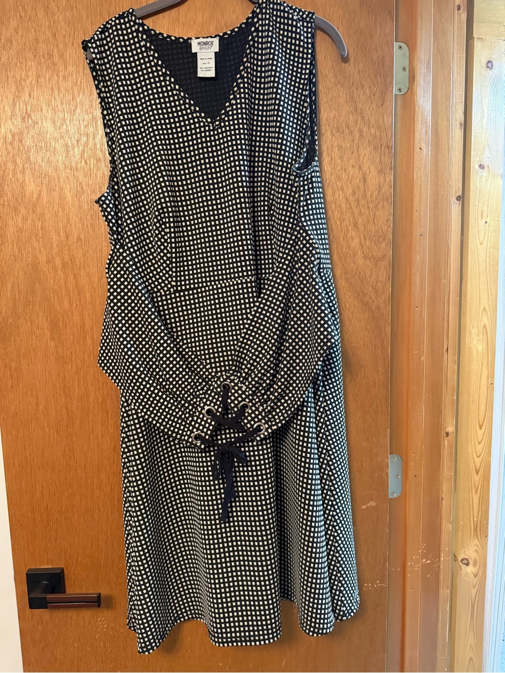 Monroe & Main Black and White Polka Dot Sleeveless Drawstring Midi Dress